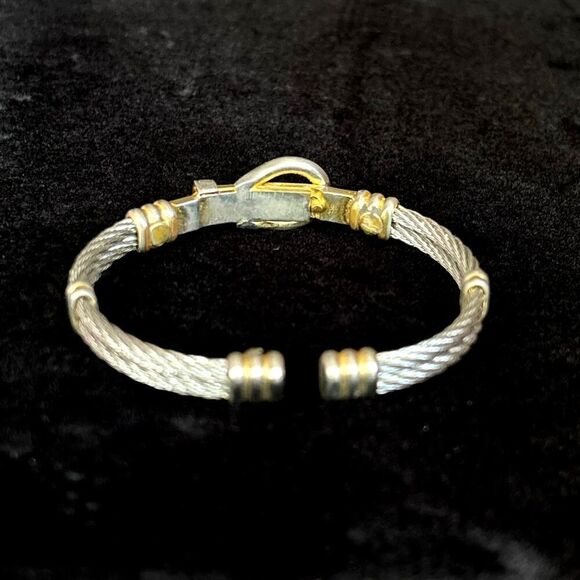 Vintage Stainless Steel and Gold Plated "Belt Buckle" Mixed Metal Cuff Bracelet - Picture 3 of 7